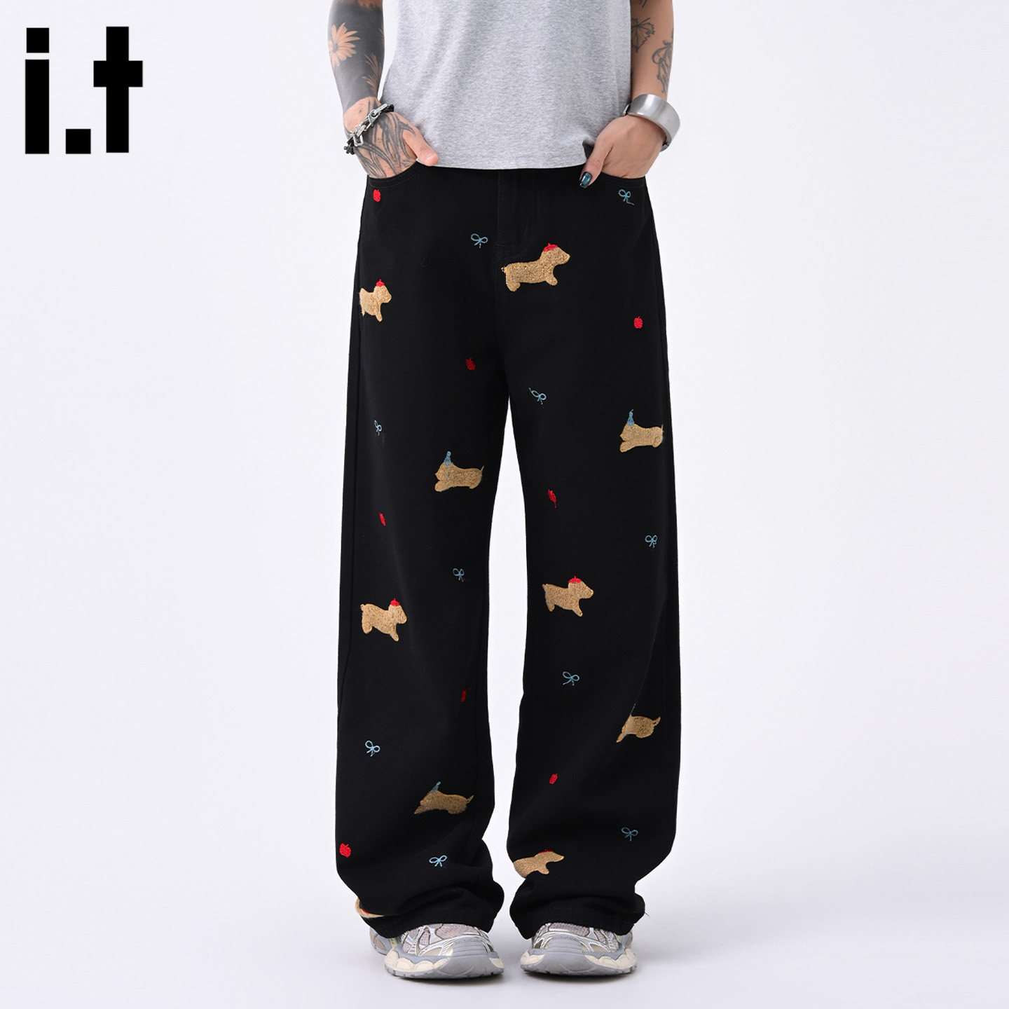 it :5cm/FIVECM时尚刺绣黑色直筒牛仔裤男女2026春季新款宽松长裤