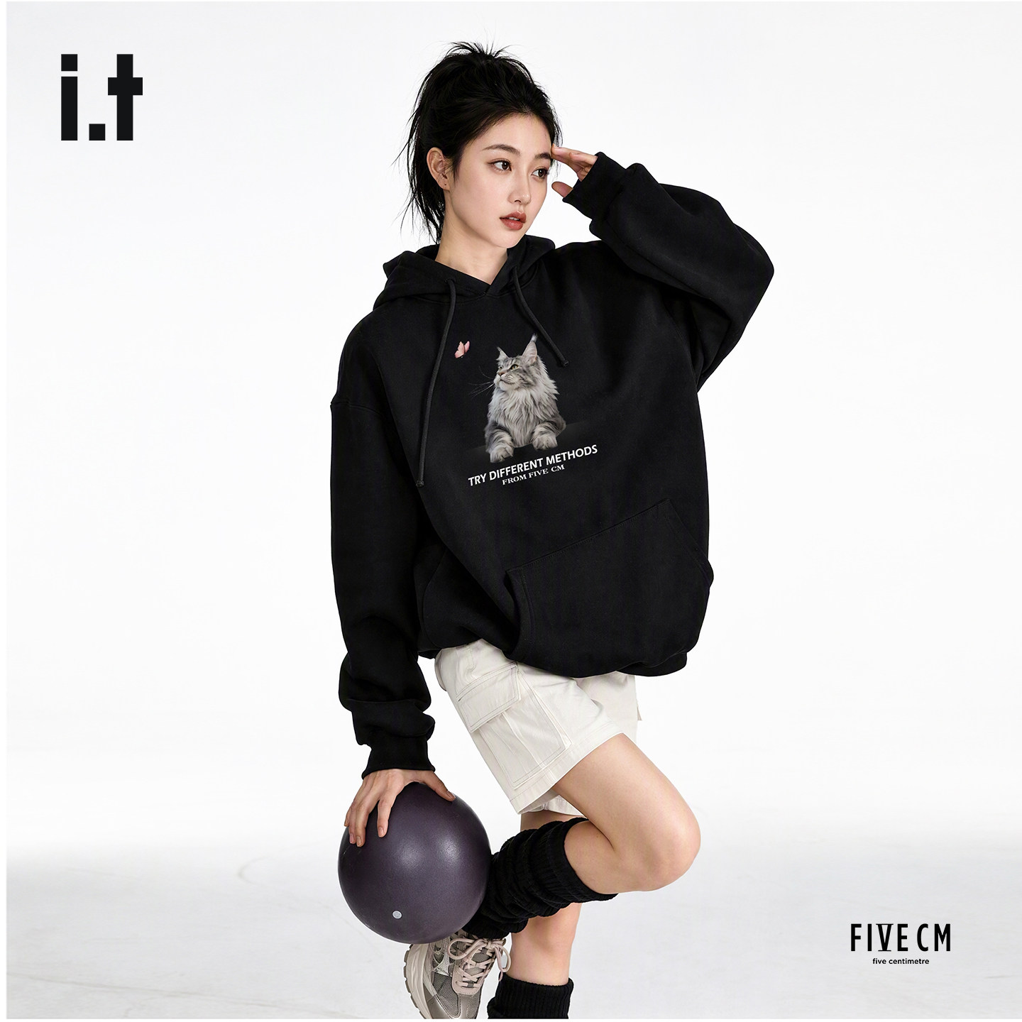 it Fivecm2026新款猫咪印花连帽卫衣女宽松抽绳帽衫上衣卡通风-hz