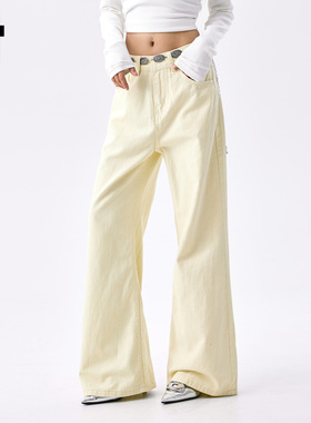 it :5cm/FIVECM浅黄色阔腿牛仔裤女2025新款秋季时尚宽松直筒长裤