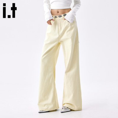 it :5cm/FIVECM浅黄色阔腿牛仔裤女2025新款秋季时尚宽松直筒长裤