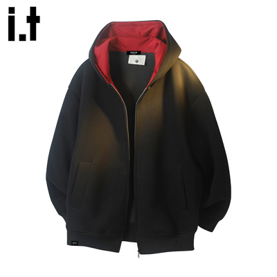 it男撞色开衫连帽长袖卫衣外套