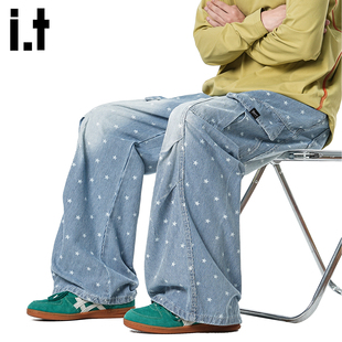 it :5cm/FIVECM星星满印工装裤男春季休闲裤高街褶皱拼接阔腿裤子