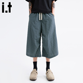 潮流休闲慵懒直筒七分裤 男 复古格子阔腿裤 薄款 5cm FIVECM美式