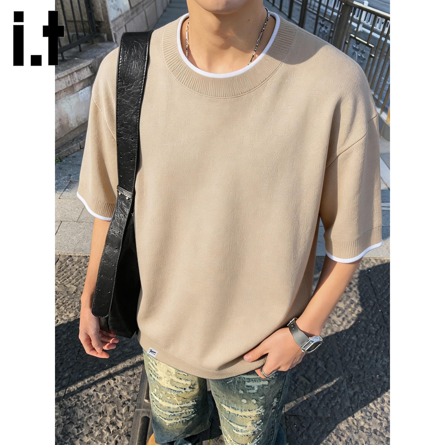 itFIVECM夏短袖圆领宽松男毛衣