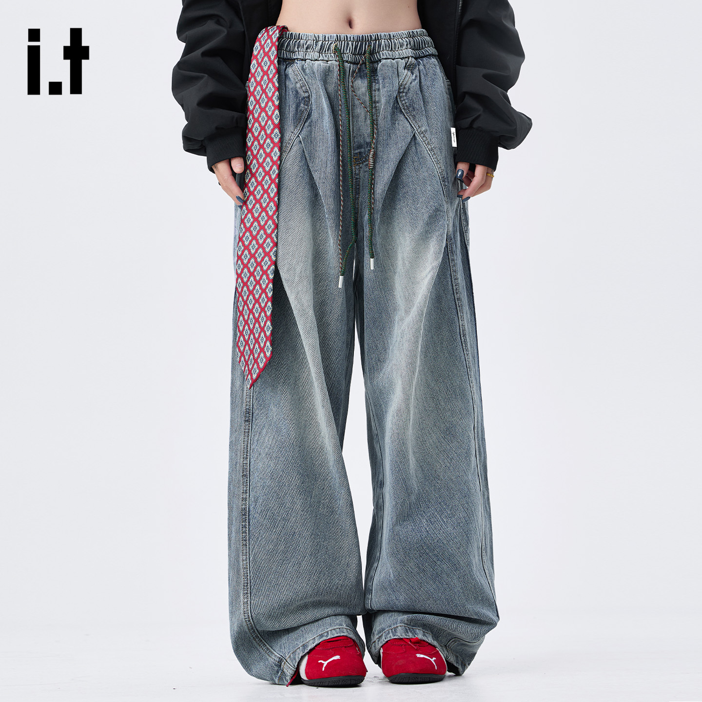 it设计感抽绳宽松阔腿牛仔裤