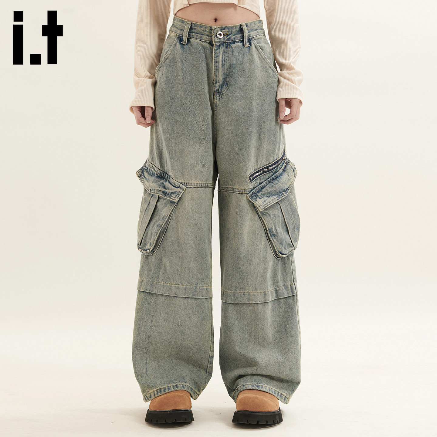 it :5cm/FIVECM多口袋复古水洗做旧牛仔裤女2026新款春秋阔腿长裤