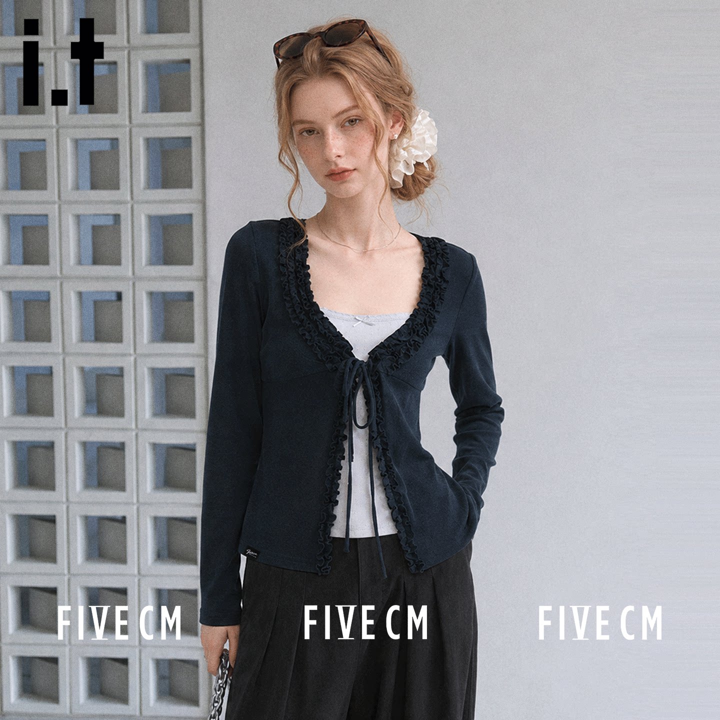 itFIVECM木耳边系带针织开衫女