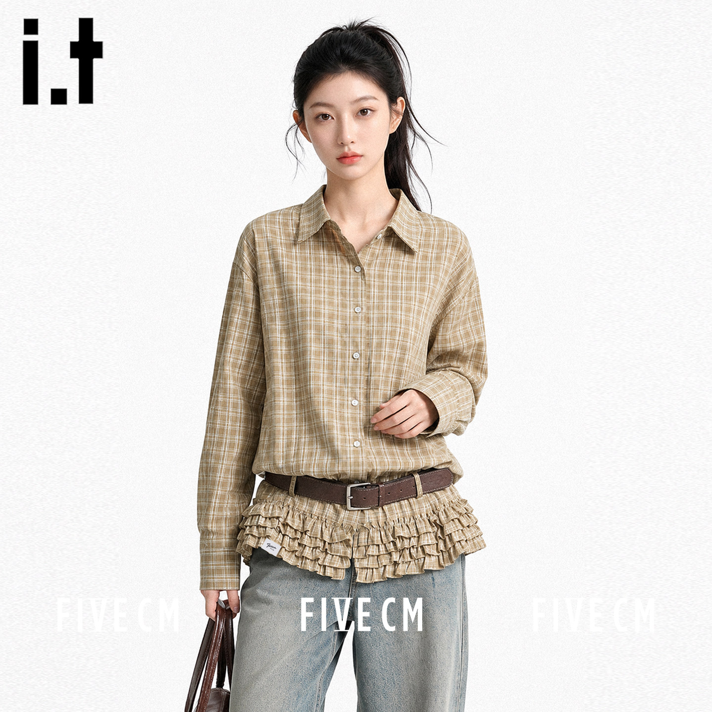 it长袖格纹翻领衬衫秋季女