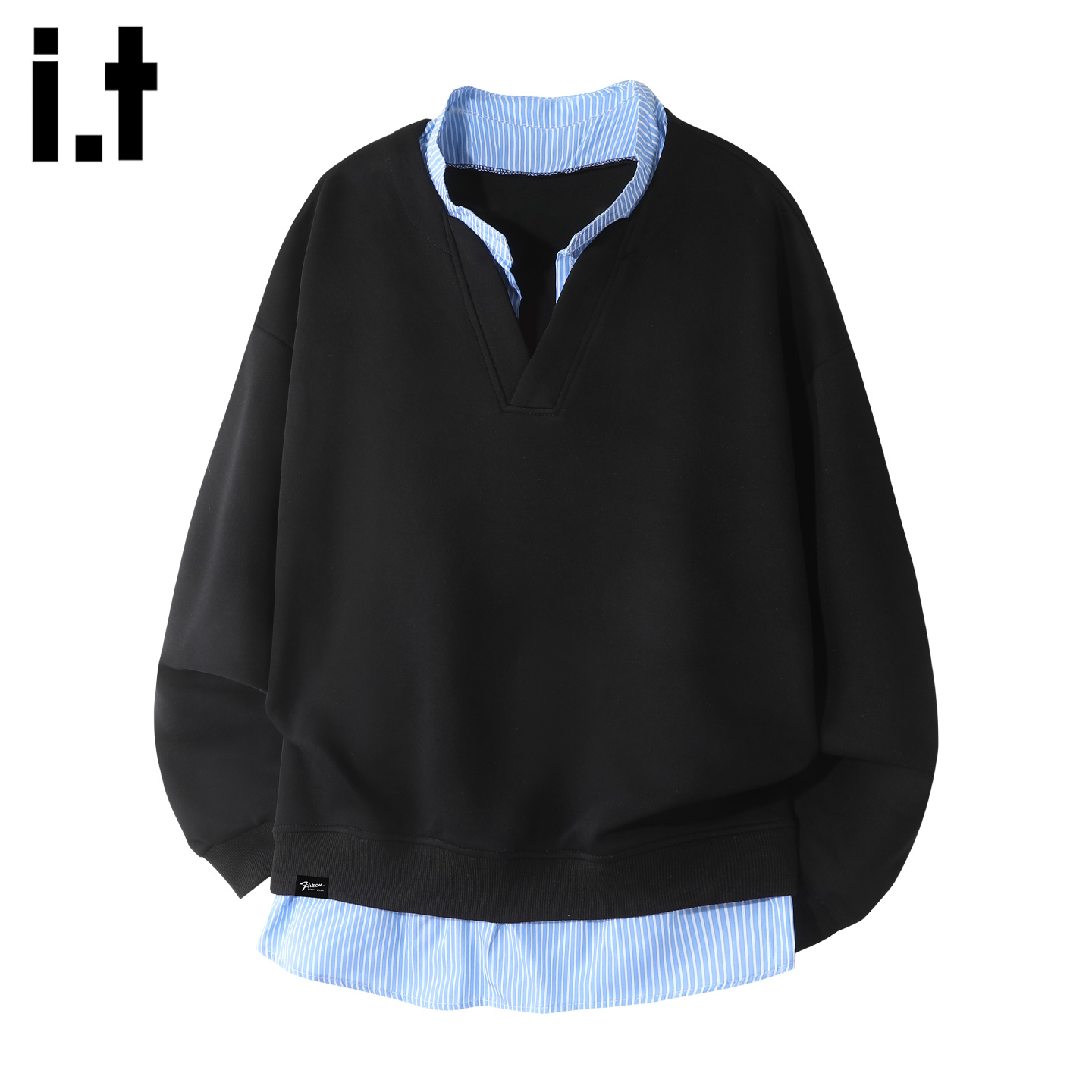 高级感拼接衬衫领假两件长袖卫衣