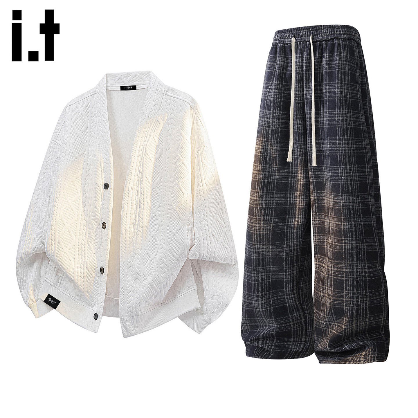 it :5cm/FIVECM春夏季休闲慵懒风针织衫外套格子直筒长裤针织套装