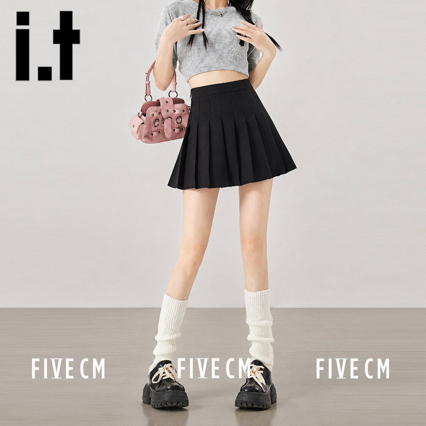 itFIVECM黑色高腰百褶半身裙女