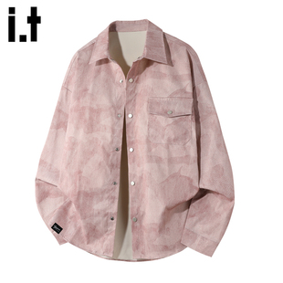 it :5cm/FIVECM粉色翻领长袖衬衫外套男士2025秋冬季宽松上衣衬衣