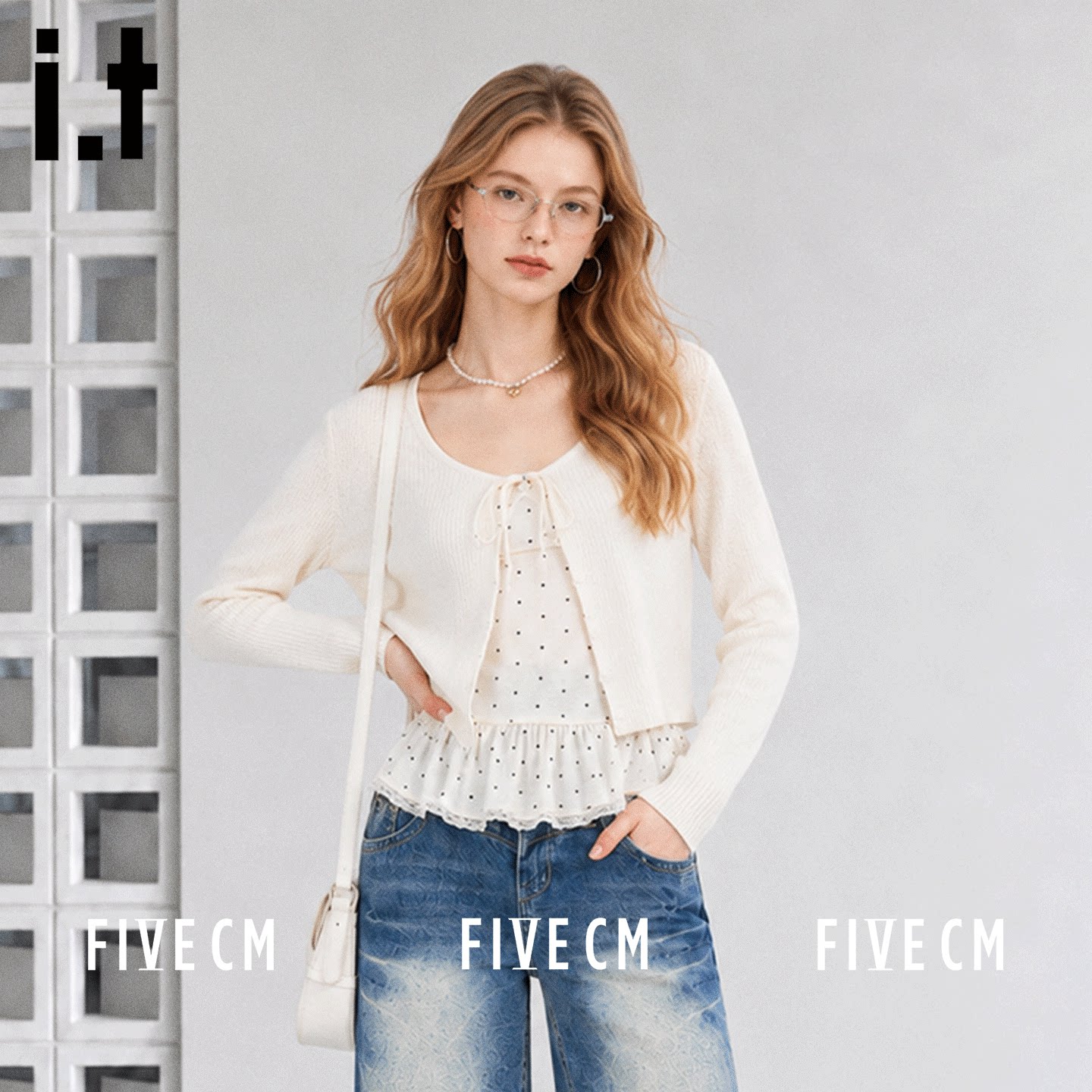 itFIVECM韩系波点开衫两件套女