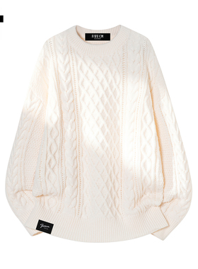 it :5cm/FIVECM白色圆领麻花针织毛衣男士2025秋冬宽松休闲上衣潮