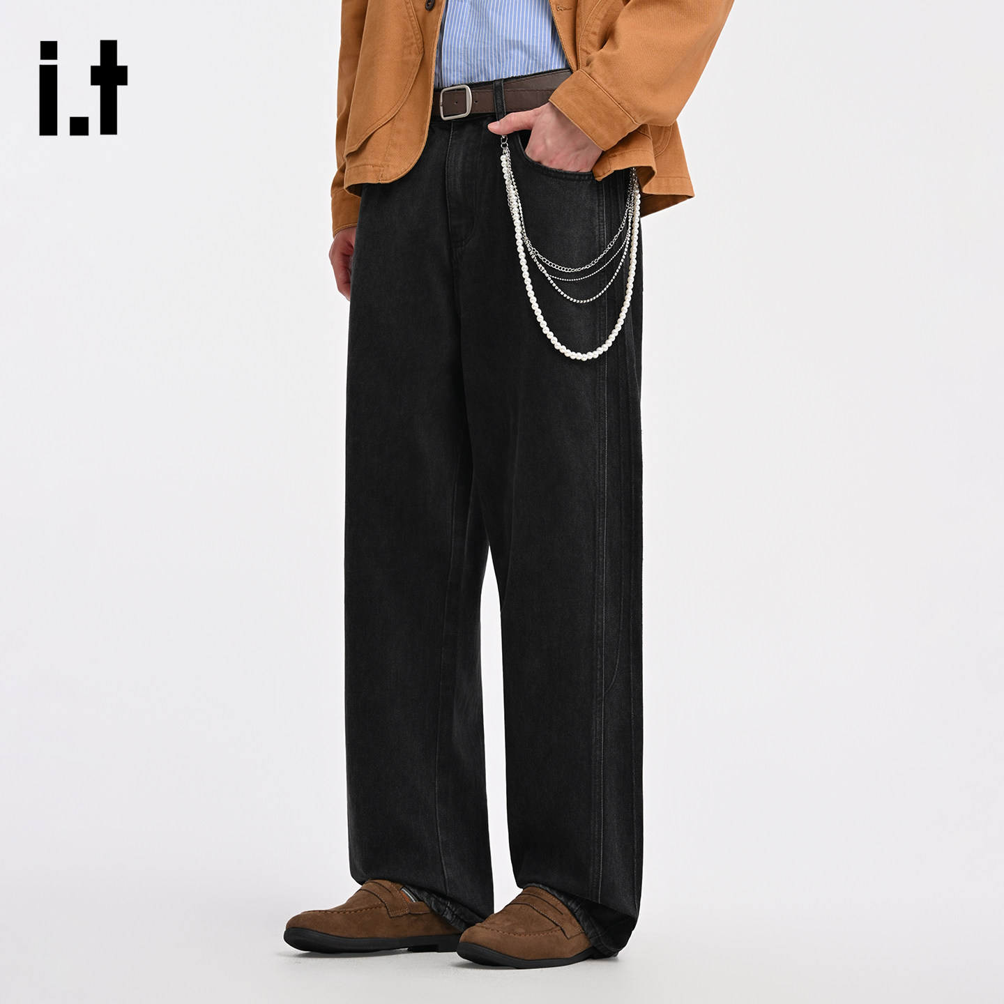 it :5cm/FIVECM黑色牛仔裤男女水洗工艺直筒宽松显瘦秋冬高级长裤