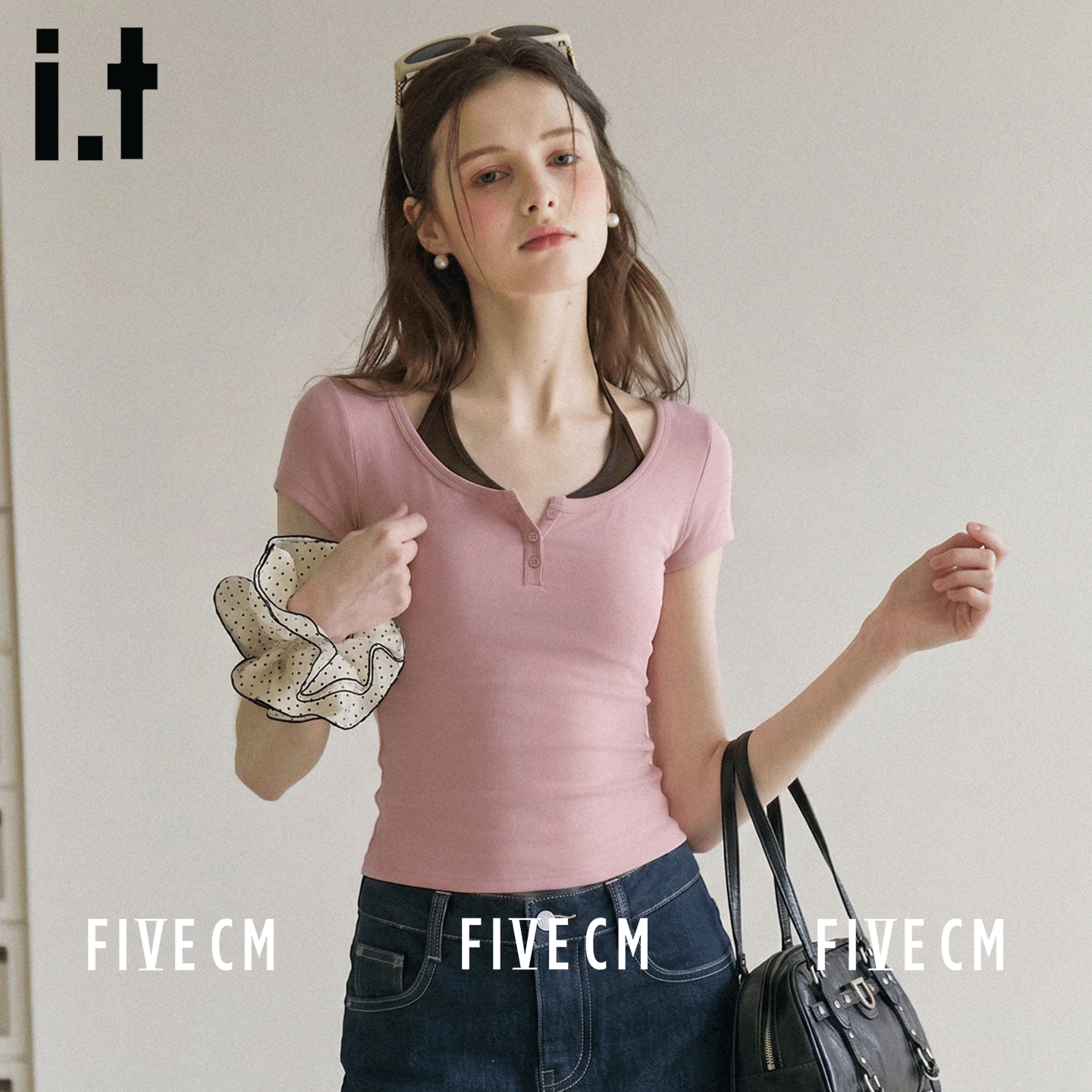 it FIVECM韩系假两件挂脖短袖T恤女款夏季纯欲风修身显瘦撞色上衣