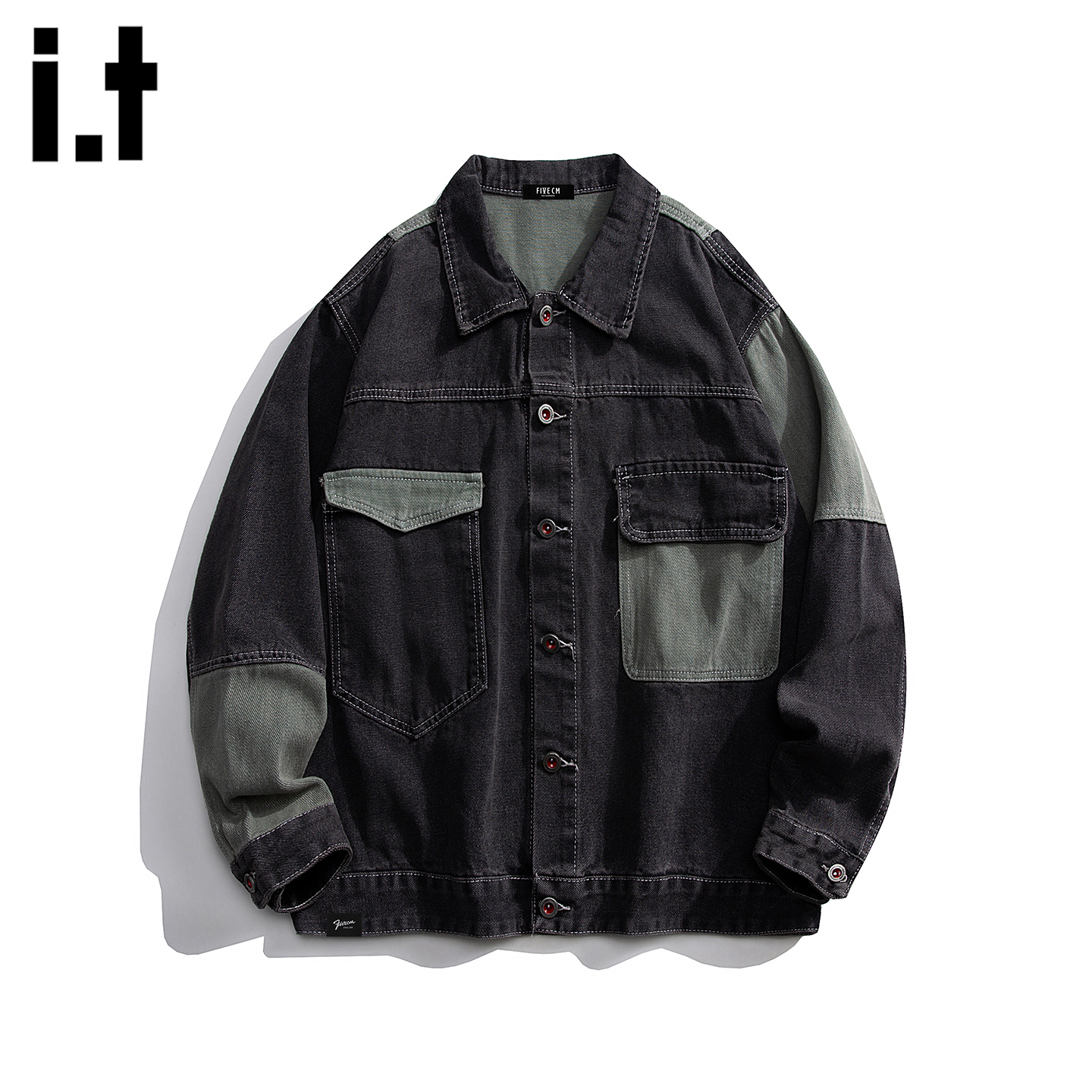 潮牌拼接补丁撞色牛仔外套男