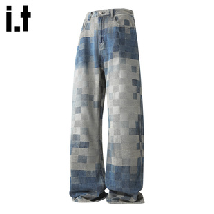 5cm 宽松直筒长裤 FIVECM马赛克格子阔腿牛仔裤 2025春秋季 男士