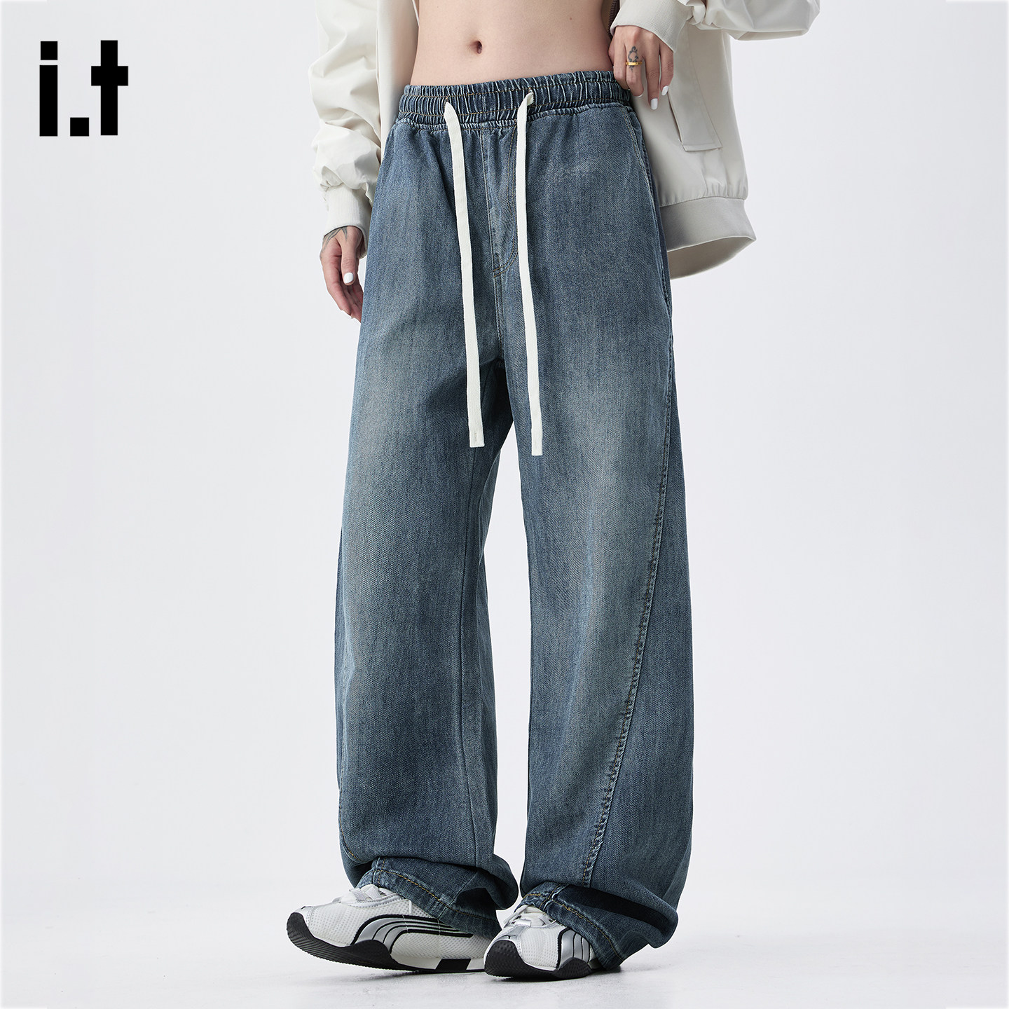 it :5cm/FIVECM男款抽绳蓝色弯刀牛仔裤2025春秋美式宽松阔腿长裤