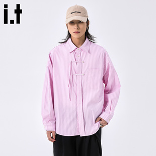 it :5cm/FIVECM粉色条纹国风设计长袖翻领衬衫男款2025秋宽松上衣