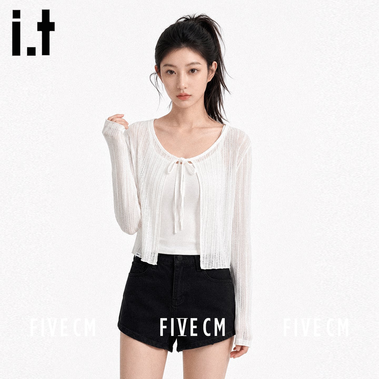itFIVECM纯色正肩修身长袖t恤