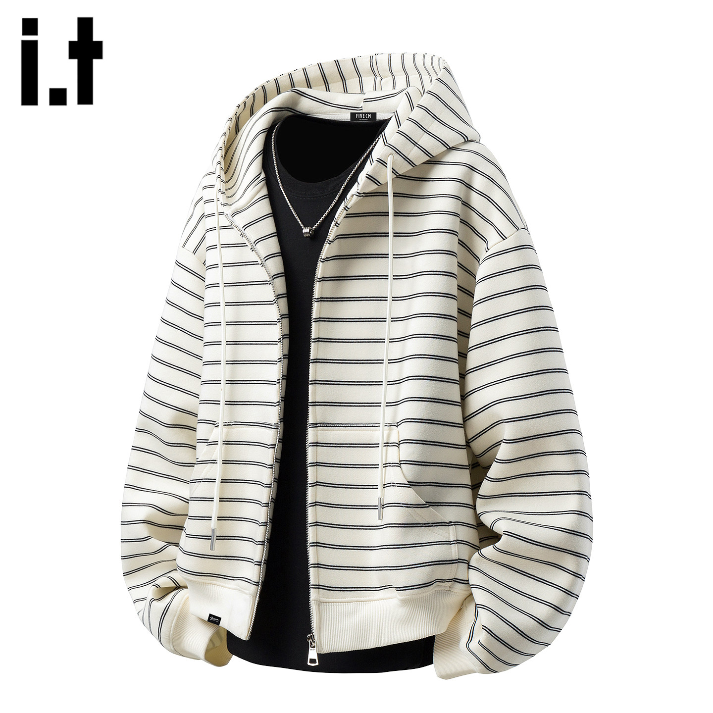 it :5cm/FIVECM春季条纹连帽卫衣开衫男士宽松休闲百搭慵懒风外套