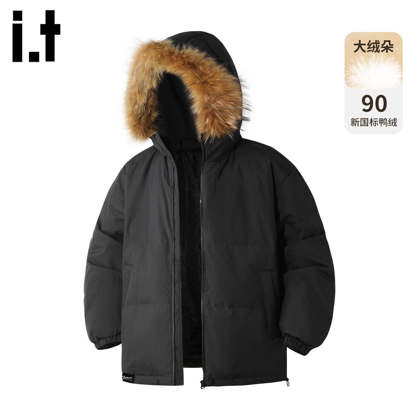 it5cm黑色大毛领短款羽绒服