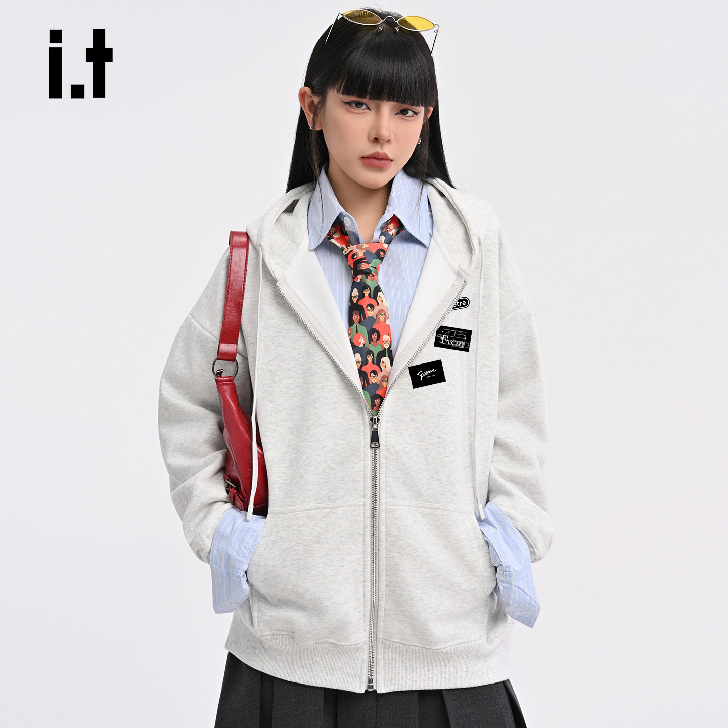 it :5cm/FIVECM灰色拉链开衫连帽长袖卫衣外套男女2025秋宽松上衣