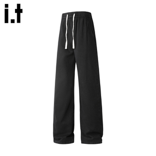 it :5cm/FIVECM黑色抽绳阔腿牛仔裤男士2025秋冬宽松直筒垂感长裤