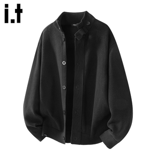 it :5cm/FIVECM黑色设计感领口针织衫外套男2025秋冬纽扣开衫毛衣