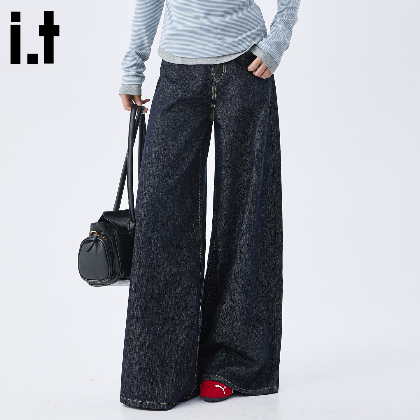 老钱风丹宁蓝色a字阔腿牛仔裤女