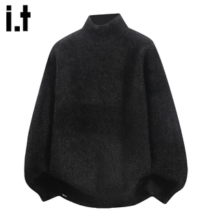 it :5cm/FIVECM黑色水绒貂毛衣男士冬季半高领内搭打底上衣针织衫