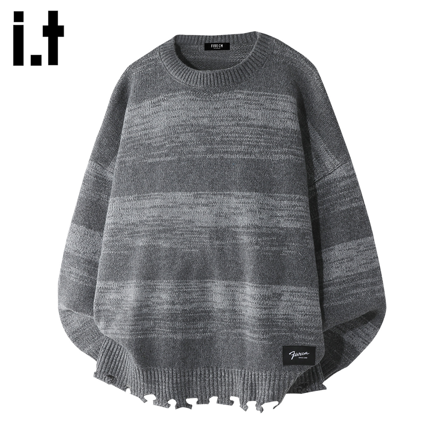 IT5cm做旧撞色条纹圆领套头毛衣