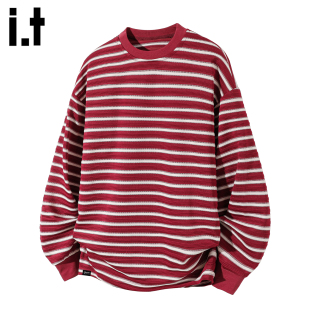 it :5cm/FIVECM红色条纹圆领套头卫衣男士2025春秋宽松打底衫上衣