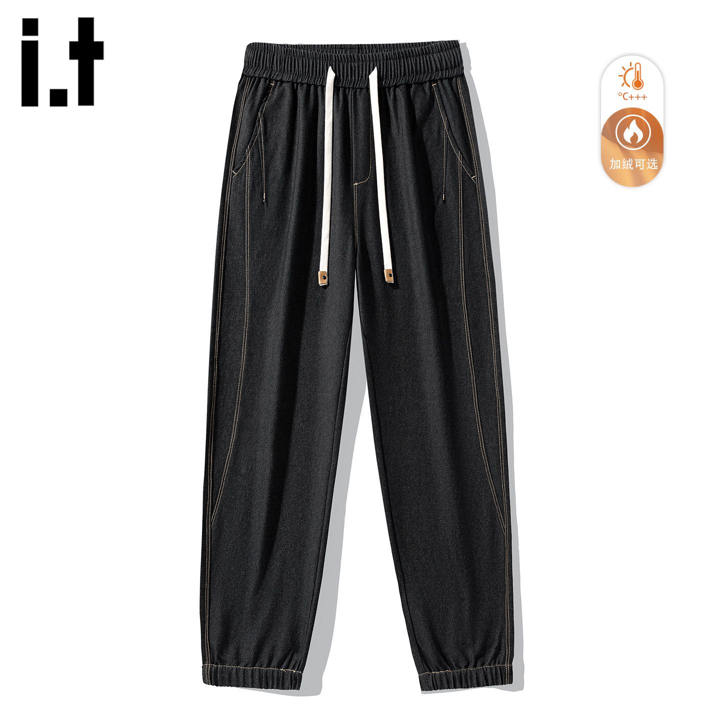 it :5cm/FIVECM松紧腰加绒牛仔裤男款秋冬季复古水洗宽松束脚裤子