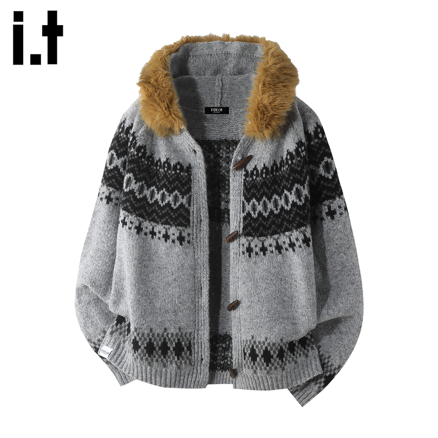 费尔岛毛领连帽牛角扣毛衣开衫