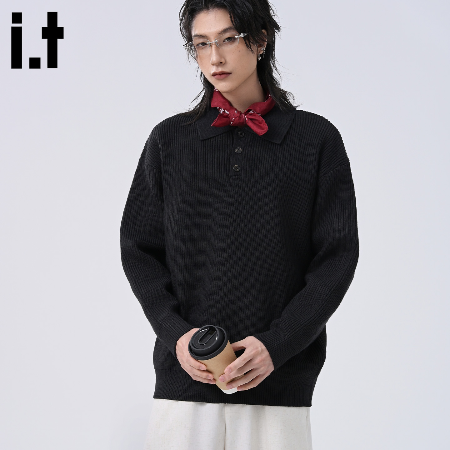 IT5cm男装polo领三粒扣毛衣