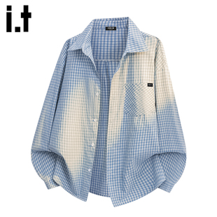 子衬衫 慵懒风格 FIVECM春秋日美式 复古潮流宝蓝色细格衬衣 5cm