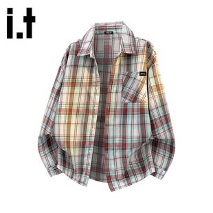 it :5cm/FIVECM春季美式复古格子衬衣男士潮流高级感翻领长袖衬衫