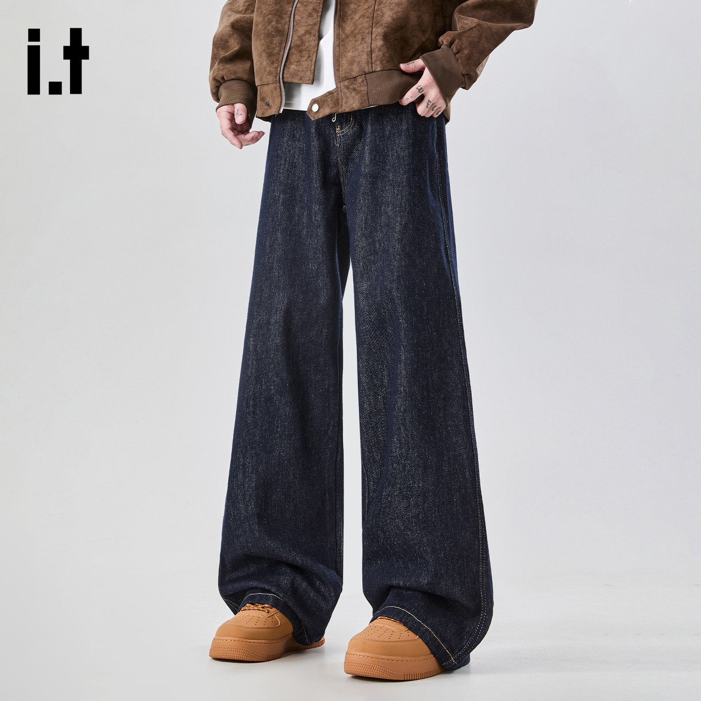 it :5cm/FIVECM美式加绒加厚垂感牛仔裤男款2025冬季阔腿直筒长裤