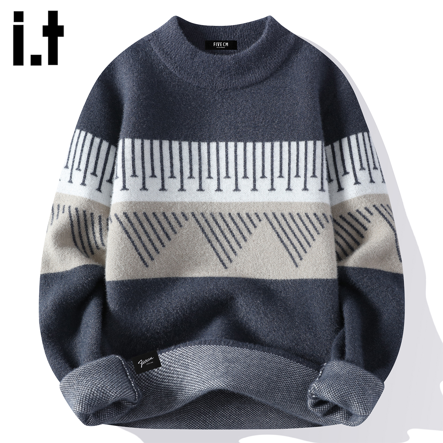 时尚条纹撞色圆领套头毛衣