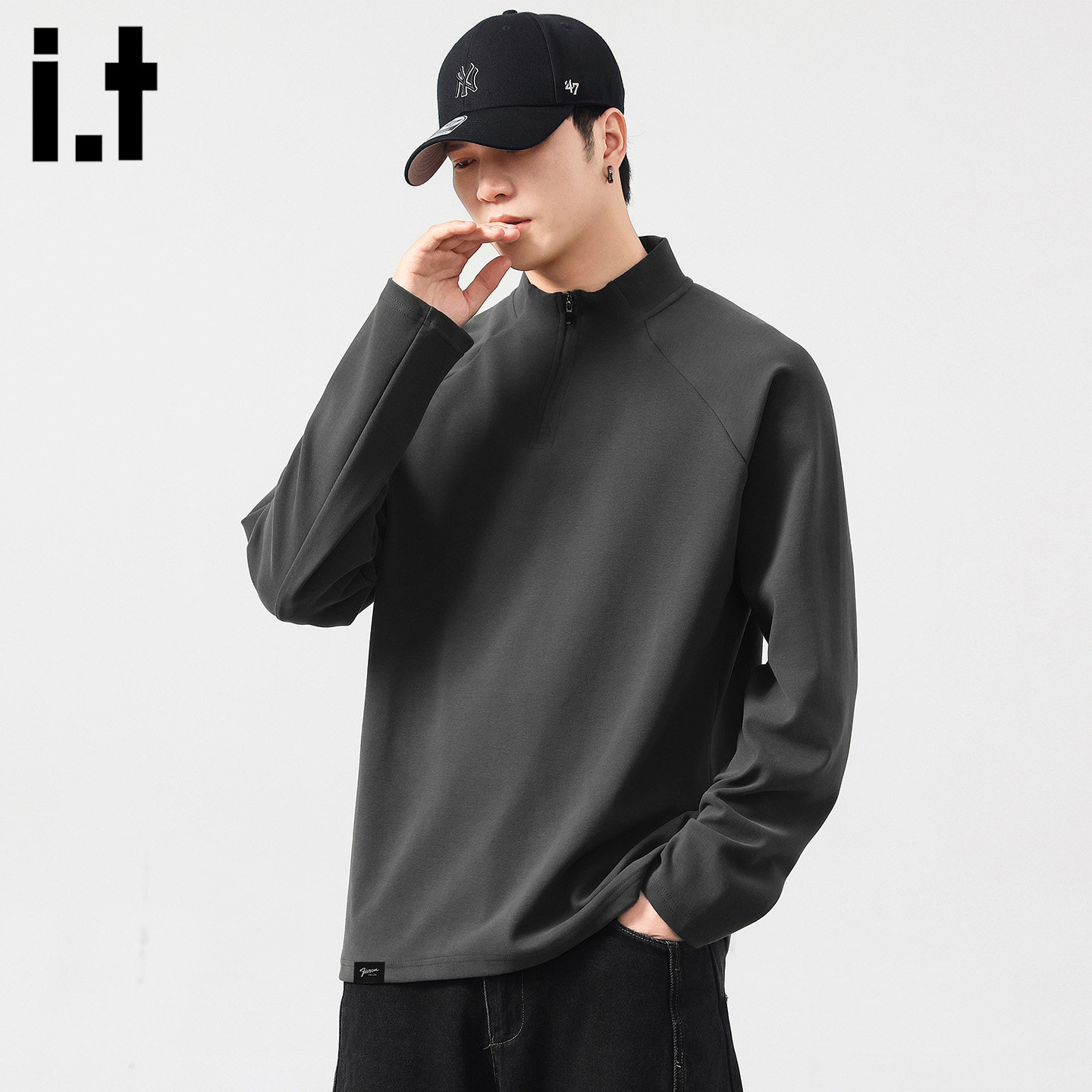 it :5cm/FIVECM灰色解构半拉链男士长袖t恤2026春季内搭薄款上衣