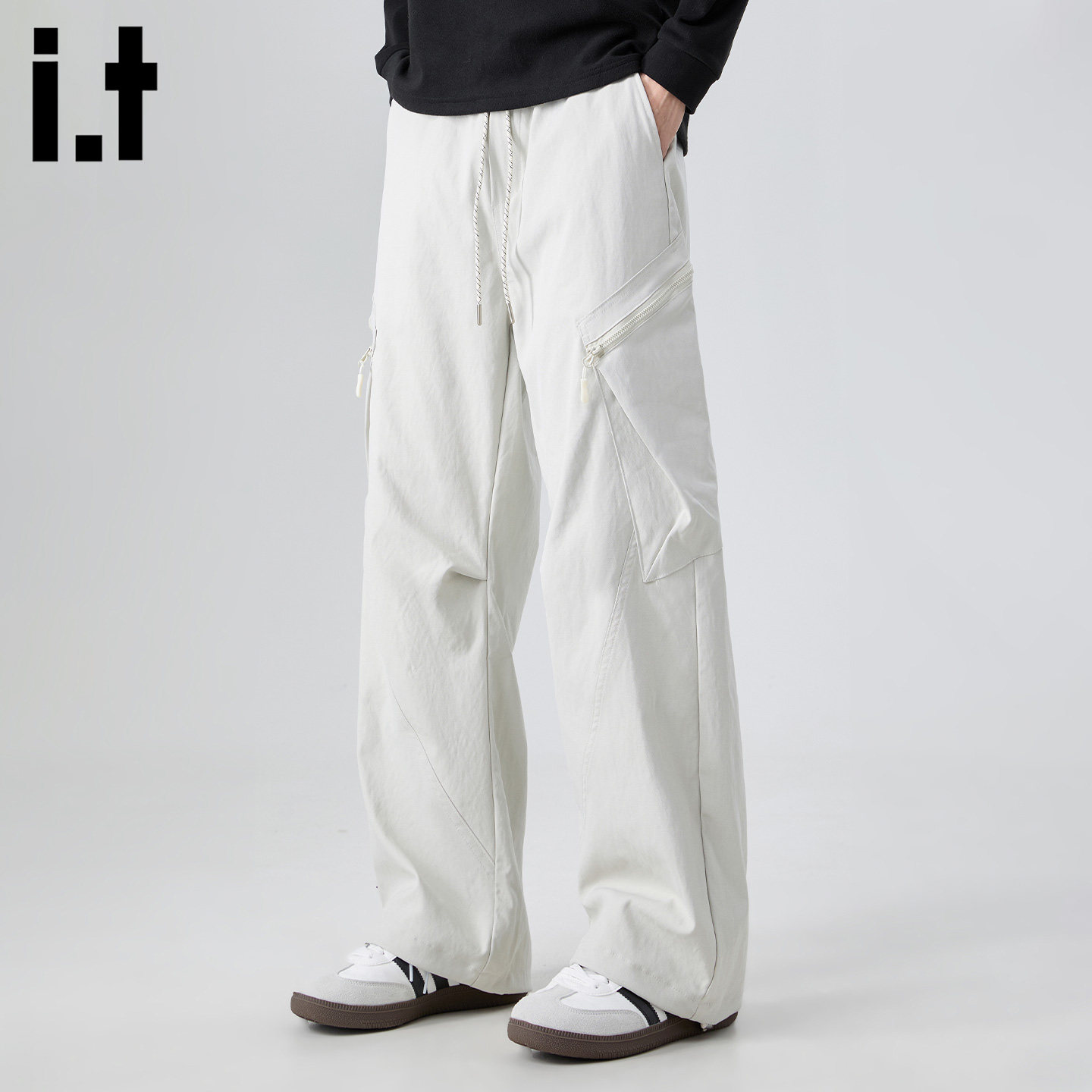 it :5cm/FIVECM潮牌白色抽绳运动伞兵裤男款2025秋冬宽松直筒长裤