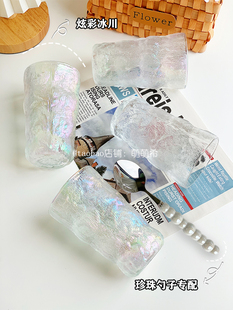 ins风玻璃杯家用耐高温女高颜值带盖冰川纹水杯透明泡茶单层耐热