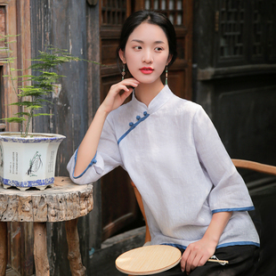 亚麻佛系禅意女装高端禅修居士服茶艺师茶服女夏季茶艺服装女