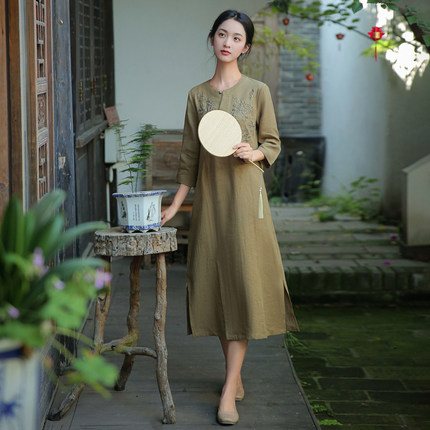 亚麻高考旗袍刺绣复古旗袍连衣裙女夏天2025年新款新中式禅意裙子
