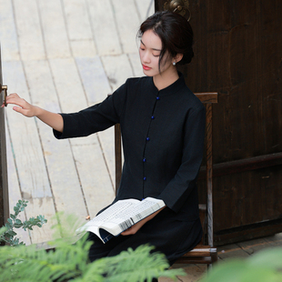 黑色唐装中国风上衣中装女棉麻禅意茶服女春秋款高端茶艺师服装女