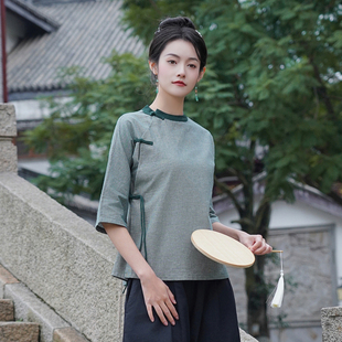 棉麻高端品牌唐装女居士服女款夏新中式国风茶服套装茶艺师服装女