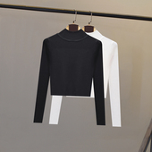 打底针织衫 女春秋冬2023中领紧身螺纹黑色高腰超短款 露脐上衣毛衣