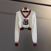 显瘦超短款 复古学院长袖 拼色英伦港风针织衫 高腰露脐上衣V领毛衣